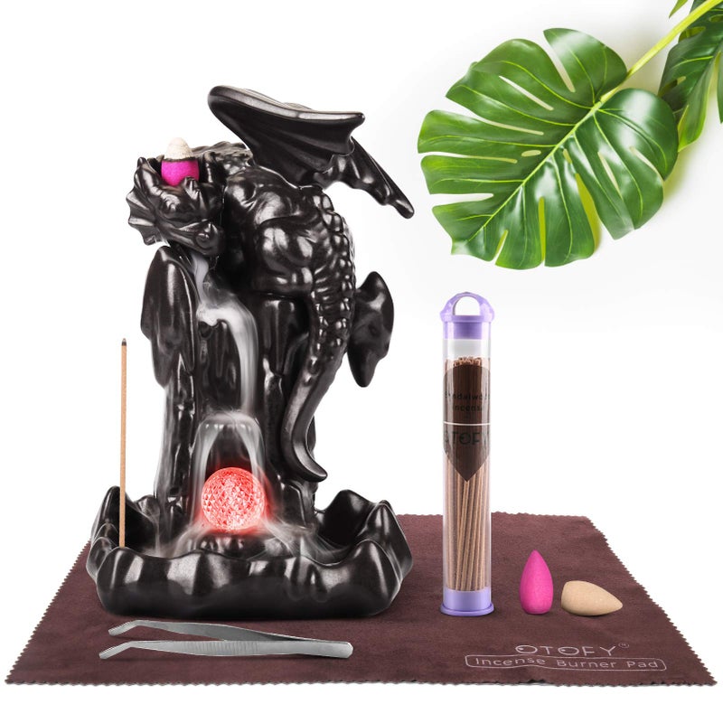 OTOFY Handmade Backflow Incense Burner Waterfall Incense Holder with 90 Incense Cones + 50 Incense Sticks Sets, Aromatherapy Ornament Home Decor Gift Decorations Statue(Black Brown led Dragon) - Image 1